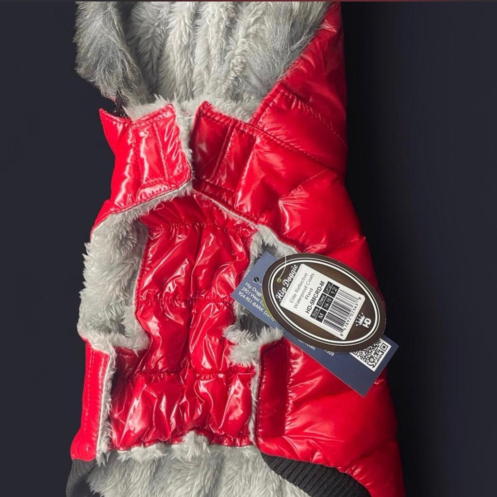 Hip Doggie Elite Reflective Coat, a high-gloss puffer vest designed for small to large dogs.