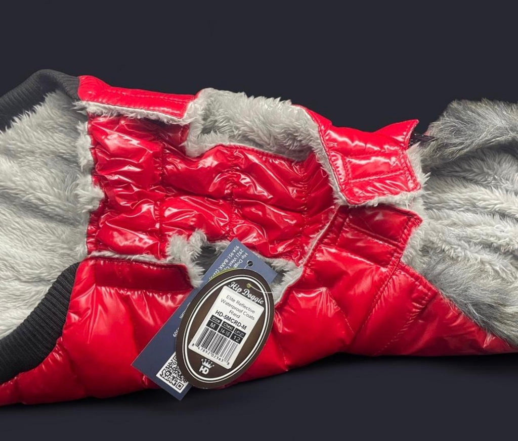 Hip Doggie Elite Reflective Coat, a high-gloss puffer vest designed for small to large dogs.