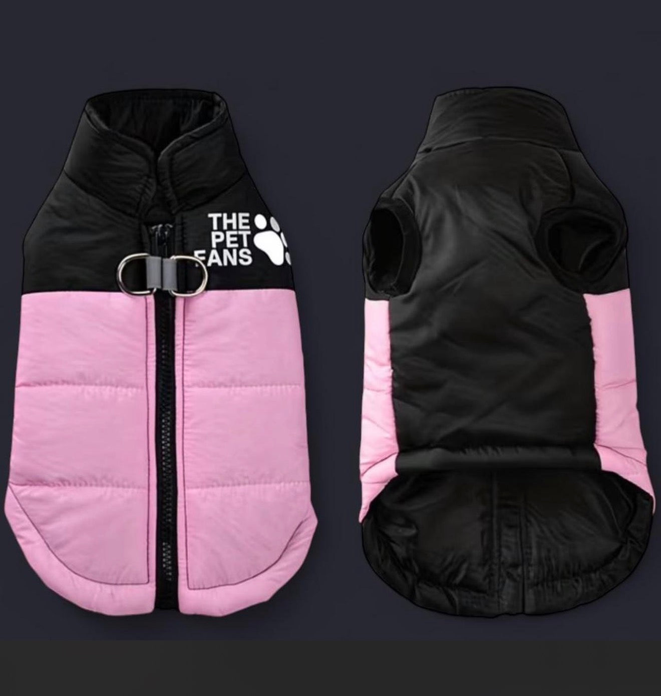 Luxury Pink & Black Puffer Dog Jacket Vest – Warm Waterproof Pet Coat with D-Ring Leash Hook size medium